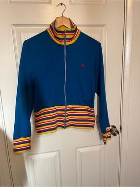Early 2000s Adidas blue rainbow trim jacket